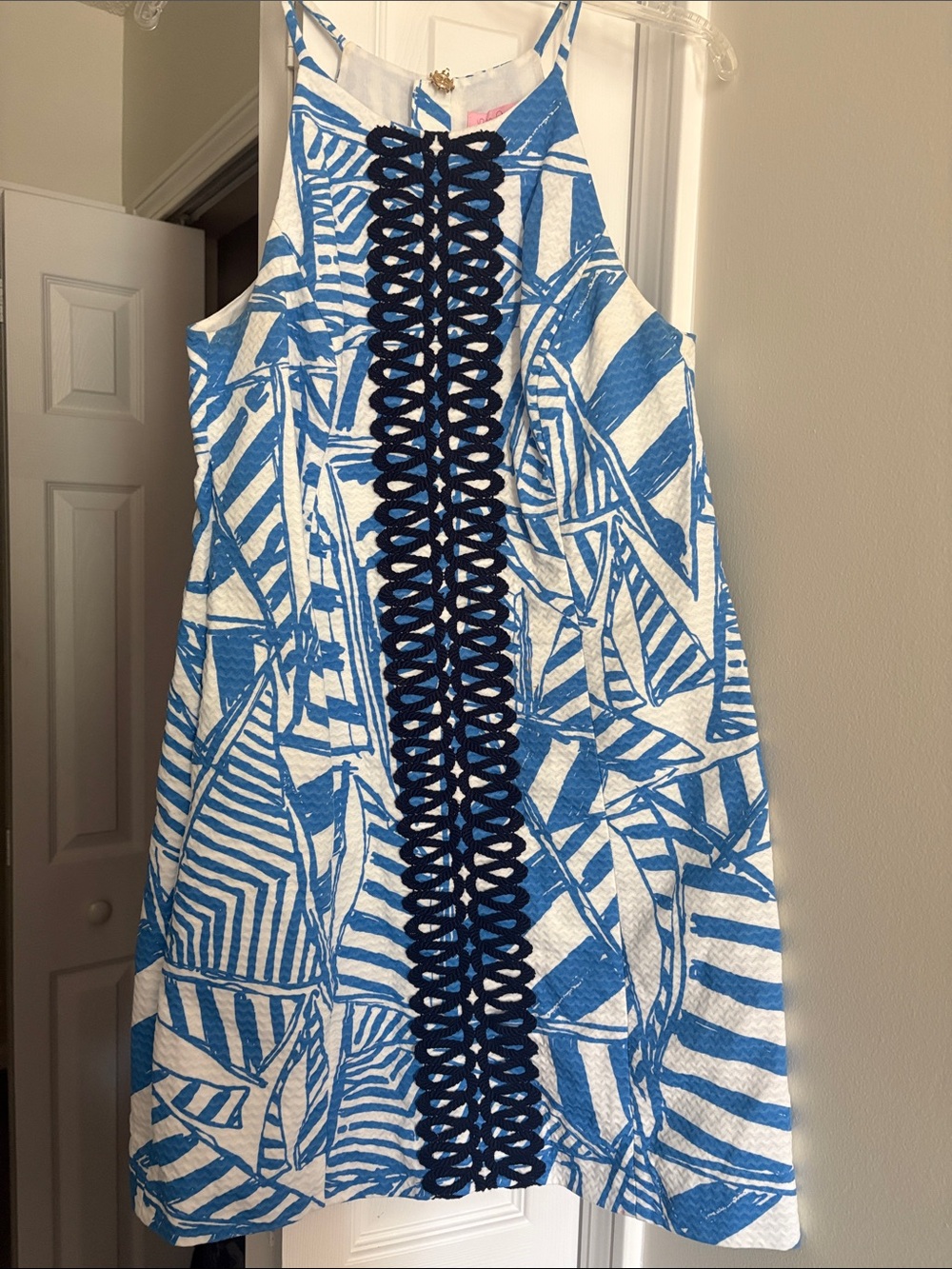 Lilly Pulitzer Dress with Bright Blue sailboat Print and Navy Center Trim